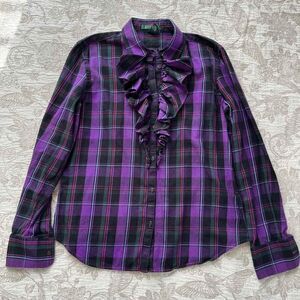 Lauren RL Plaid Holiday Button Down Ruffle Shirt